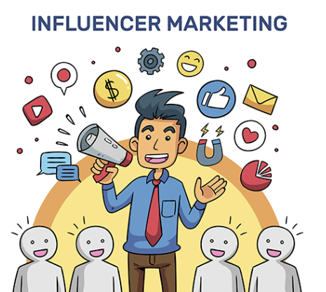 Influencer marketing illustration showing content creators building trust, engagement, and brand awareness through social media promotion – VisualLok
