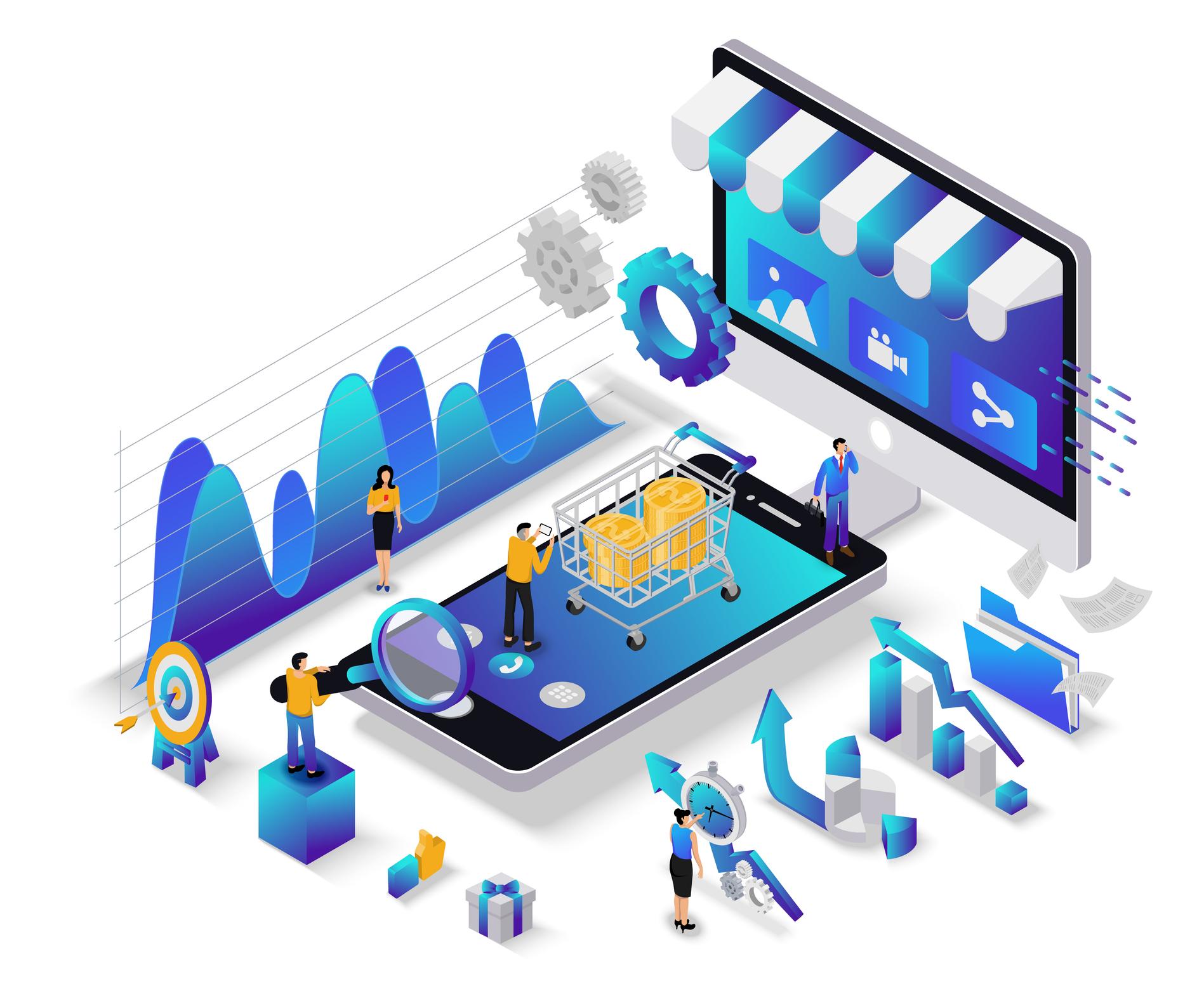 E-commerce marketing illustration showing online store optimization, customer journey, analytics, and conversion growth for digital sales – VisualLok