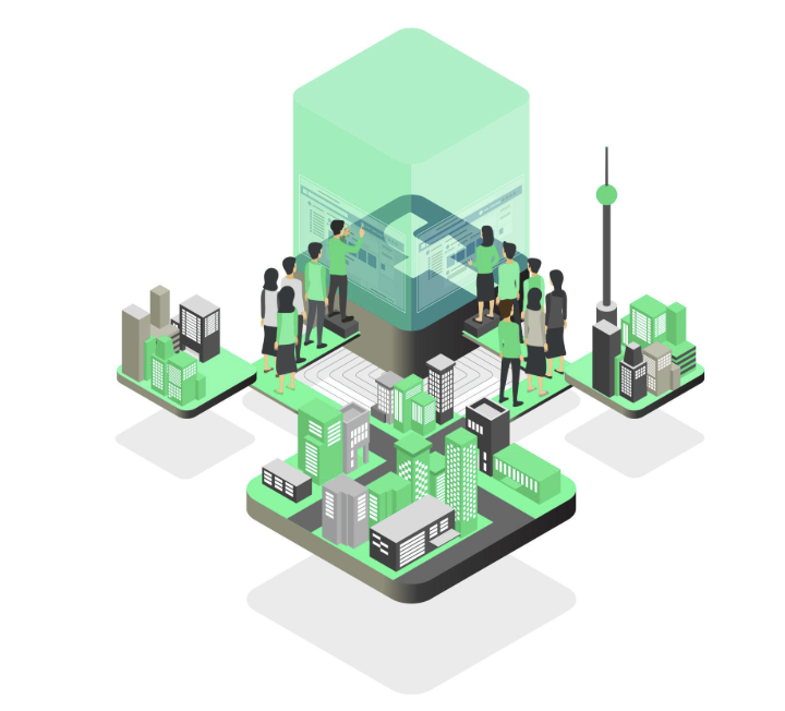 Illustration showing a social media marketing strategy where people collaborate around a digital platform to build audience engagement and brand trust, by VisualLok digital marketing agency