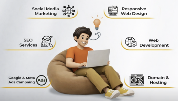 services VisualLok digital marketing services illustration showing SEO services, social media marketing, Google and Meta ads campaign, web development, responsive web design, and domain hosting solutions.